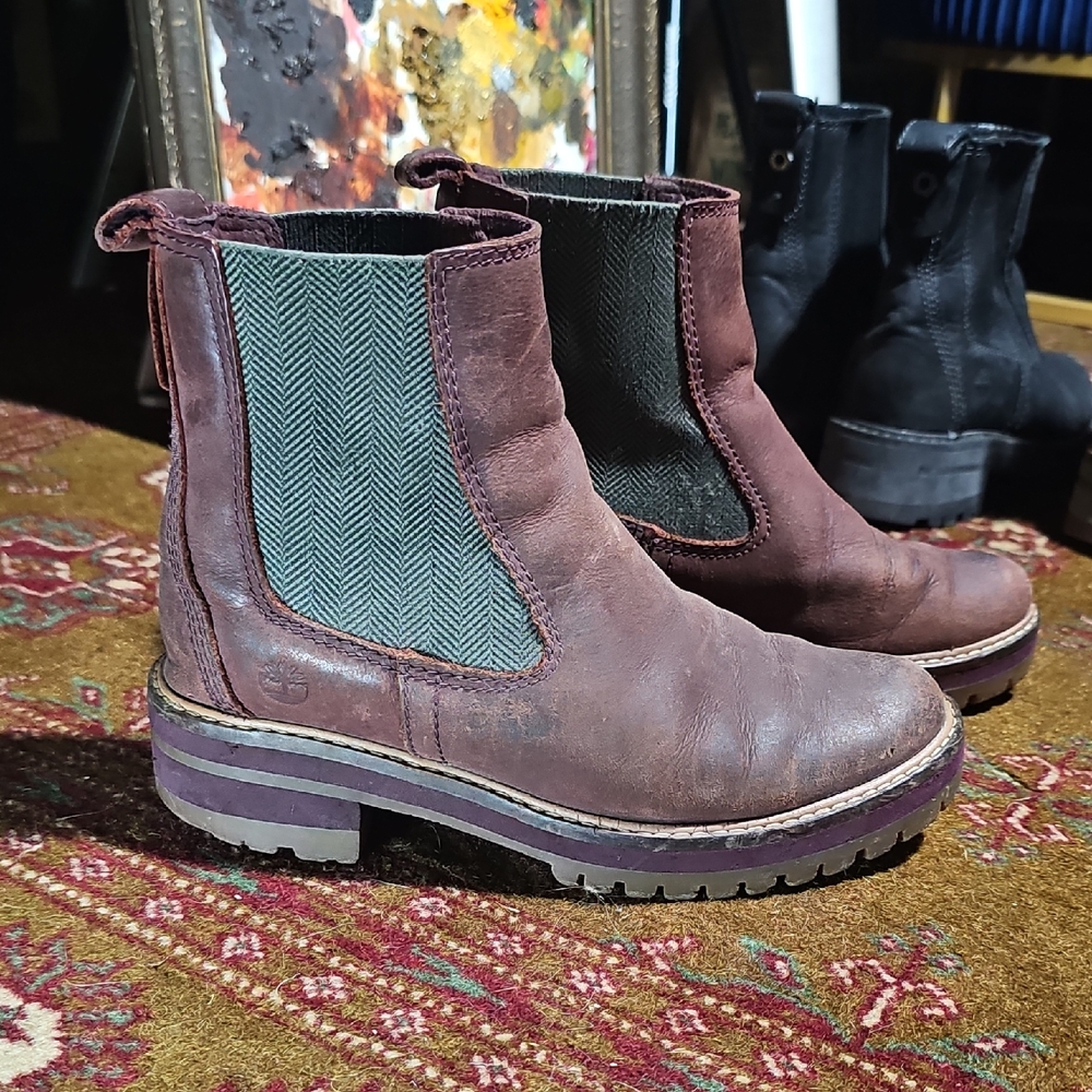 Brown Leather Ankle Boots with Green Herringbone Panel